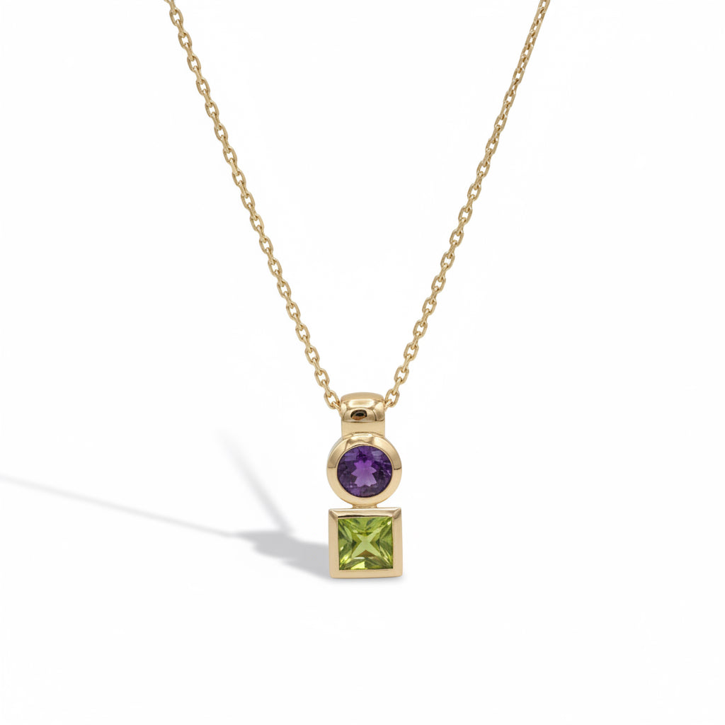 Necklace Pendant in Yellow gold, Amethyst and Peridot