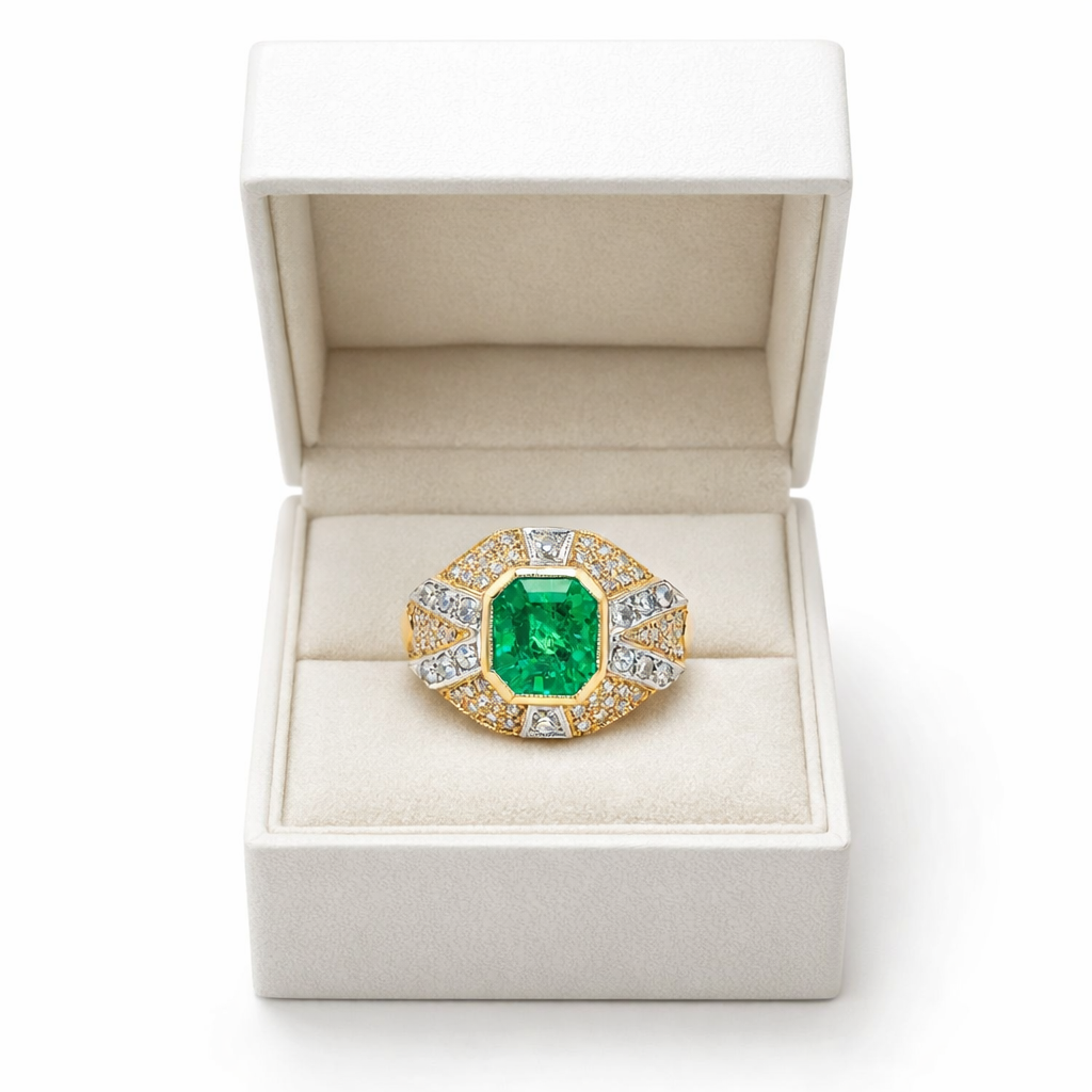 Cocktail Ring in Yellow gold, White gold, Emerald, and Diamonds