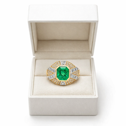 Ring Cocktail in yellow gold, white gold, emerald and diamonds