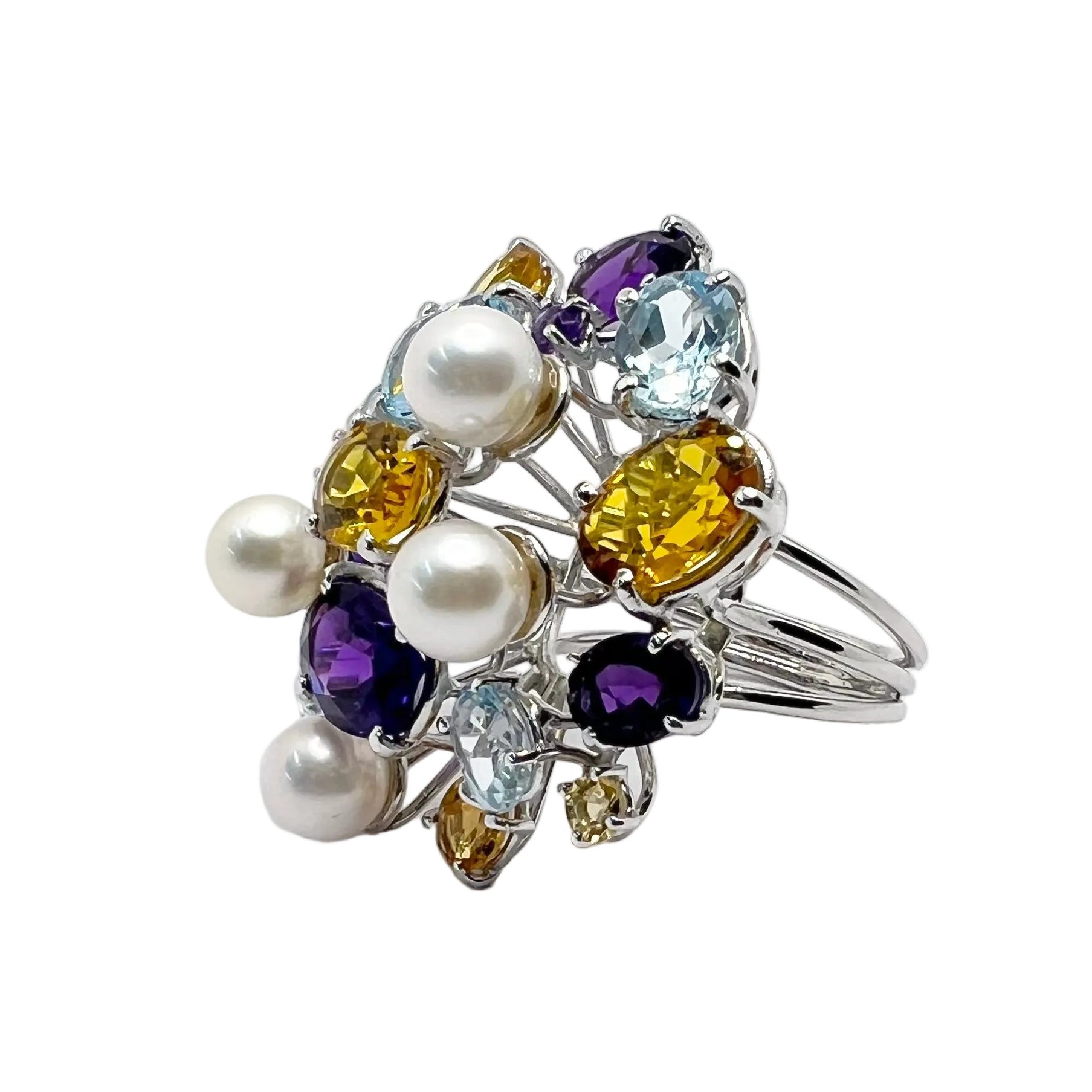 LUCIANO SOMENZI "Cocktail" Ring in white gold, with Amethyst, Quartz, Topaz, and Pearls