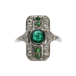 Art Deco ring in white gold, emeralds, and diamonds
