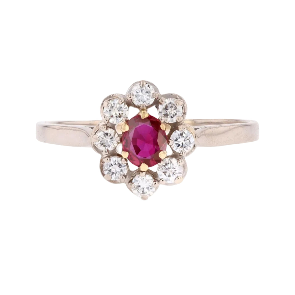 Marguerite Ring in white gold, yellow gold, rubies, and diamonds