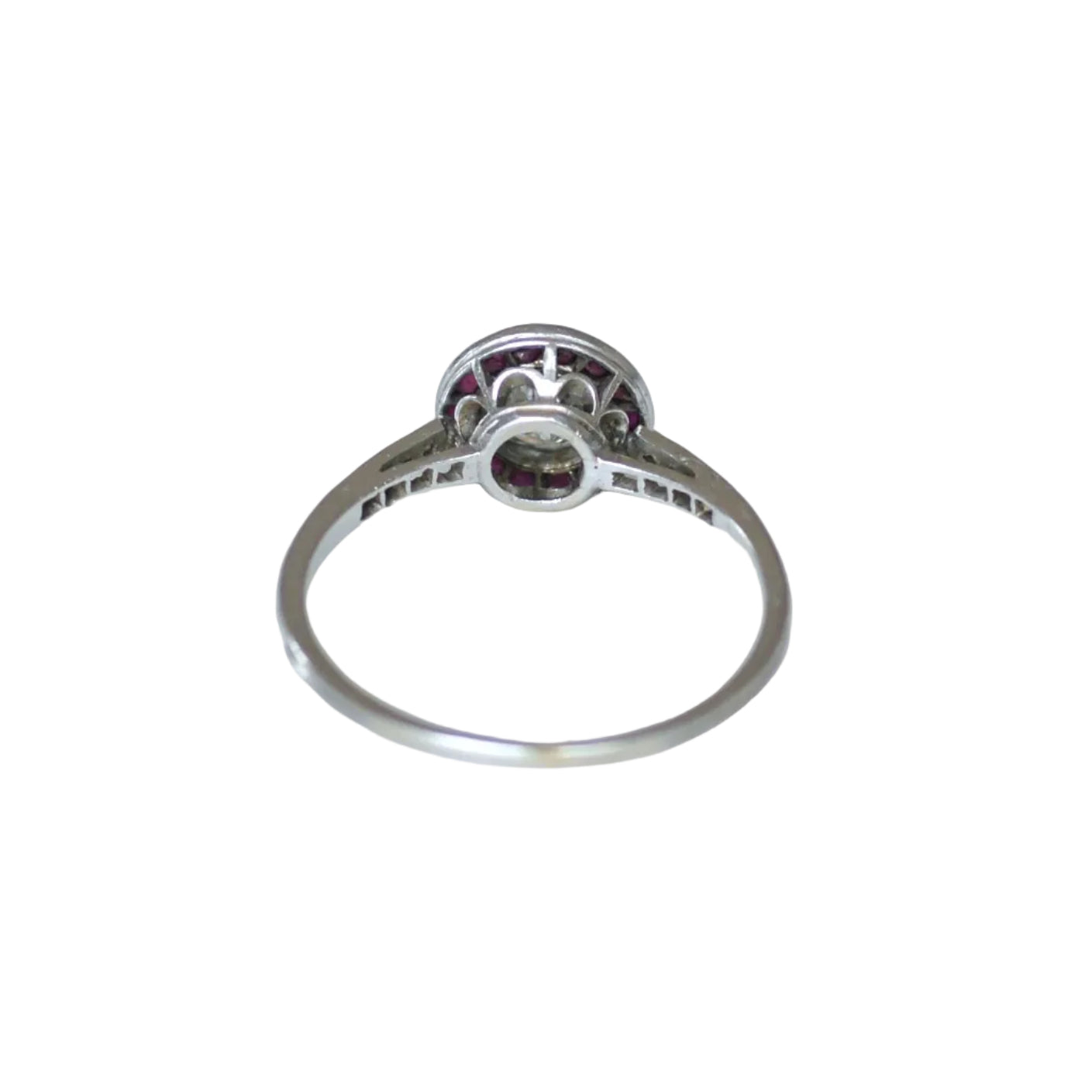 Art Deco Target Ring with Calibrated Diamonds and Rubies Set in White Gold and Platinum