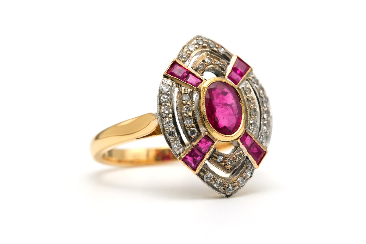 Marquise Ring in Yellow Gold, Rubies, and Diamonds
