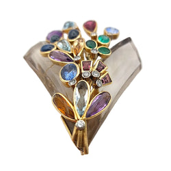 Brooch Pin in white gold, yellow gold, rock crystal, emeralds, sapphires, aquamarines, citrines, amethysts and tourmalines