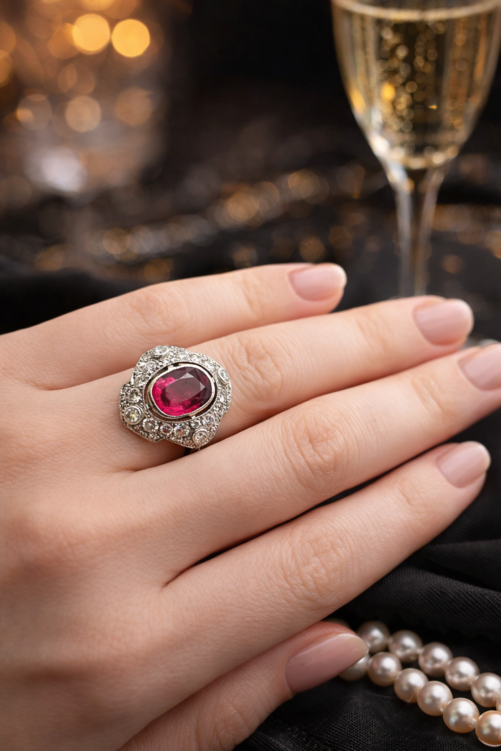Bague Entourage en platine, rubellite et diamants