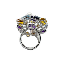 LUCIANO SOMENZI "Cocktail" Ring in white gold, with Amethyst, Quartz, Topaz, and Pearls