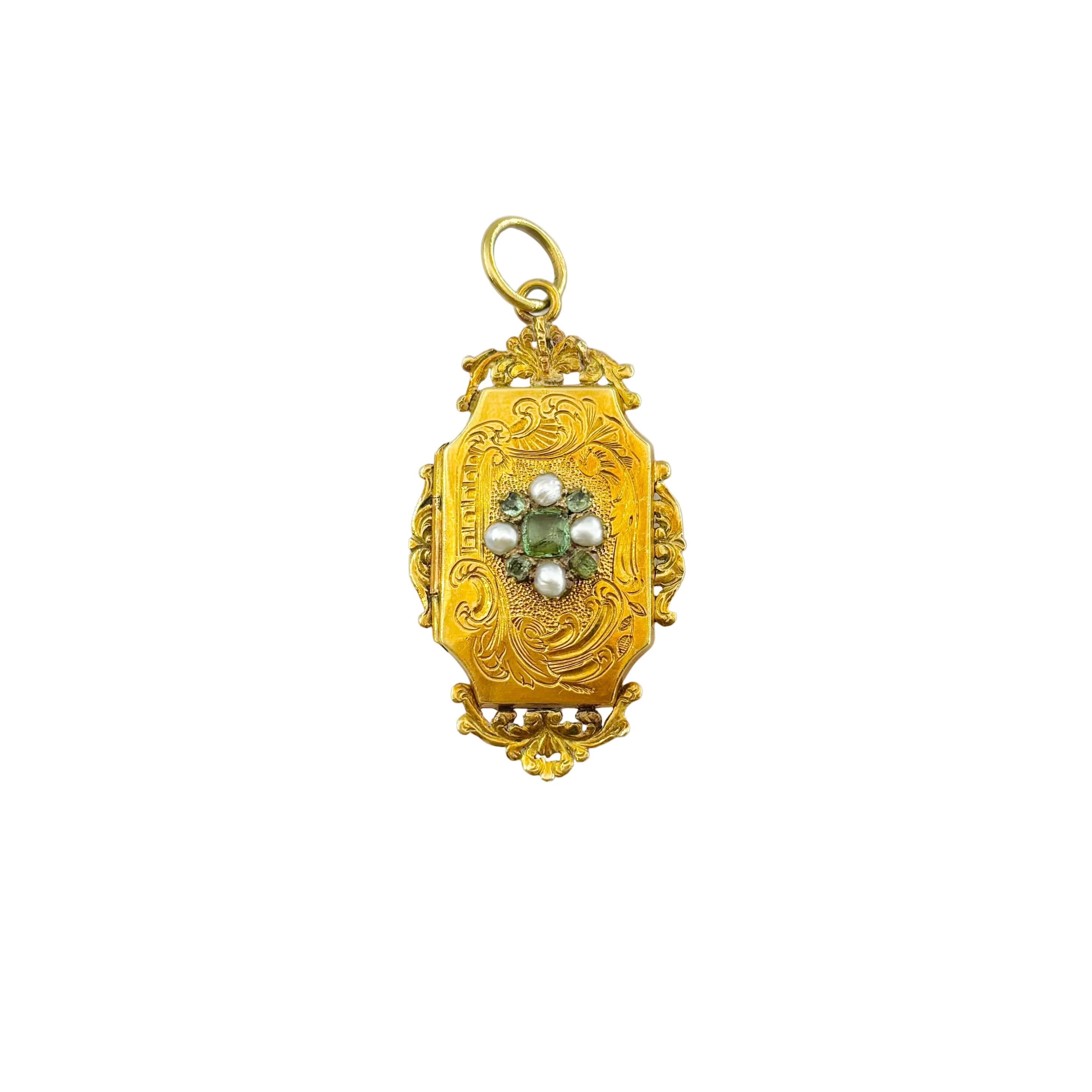 Yellow gold locket with pearls and emeralds