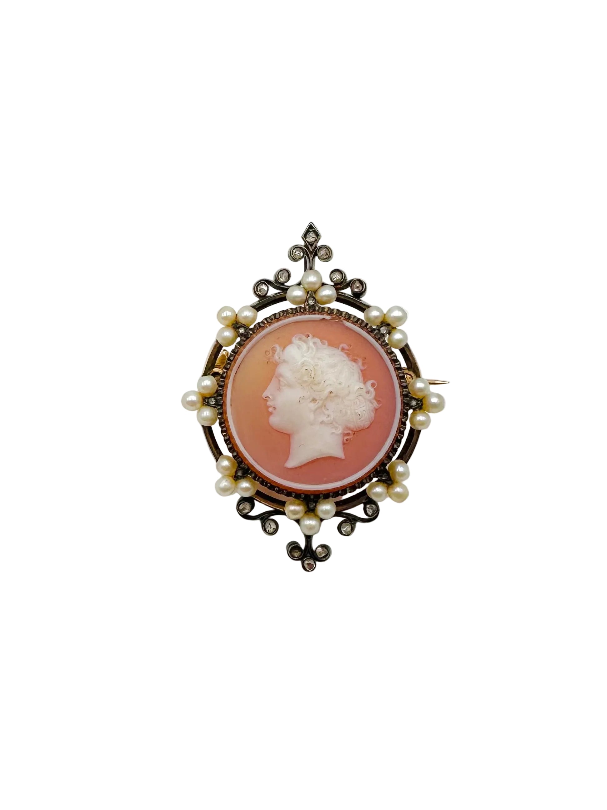Brooch/Pendant Cameo in Agate, Pearls, Diamonds and Yellow gold