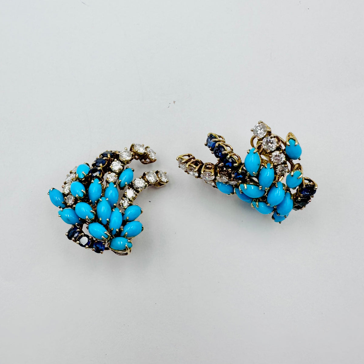 BOUCHERON Yellow Gold Clip-On Earrings with Turquoises, Sapphires, and Diamonds