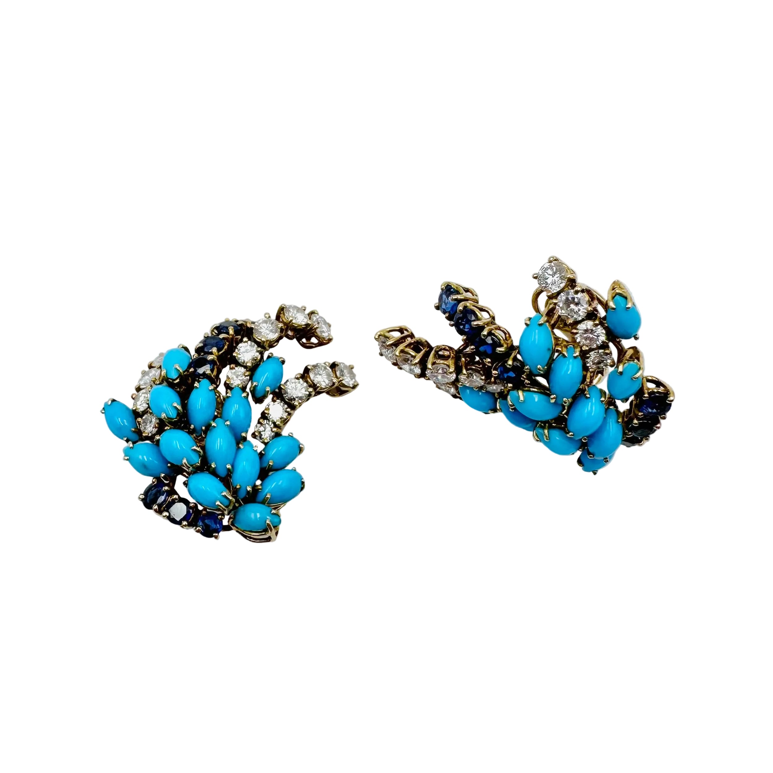Earrings Clips BOUCHERON yellow gold, turquoise, sapphires and diamonds