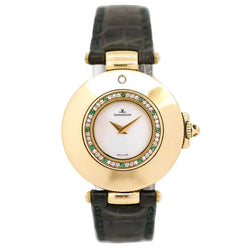 JAEGER-LECOULTRE watch in yellow gold, Mother-of-pearl, leather, emeralds, and diamonds