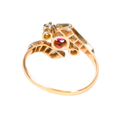 Trilogy Ring in yellow gold, Platinum, Rubies, and Diamonds