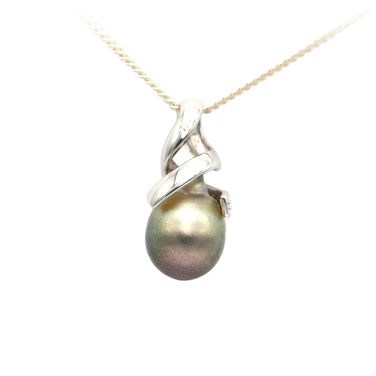 White gold, pearl, and diamond pendant