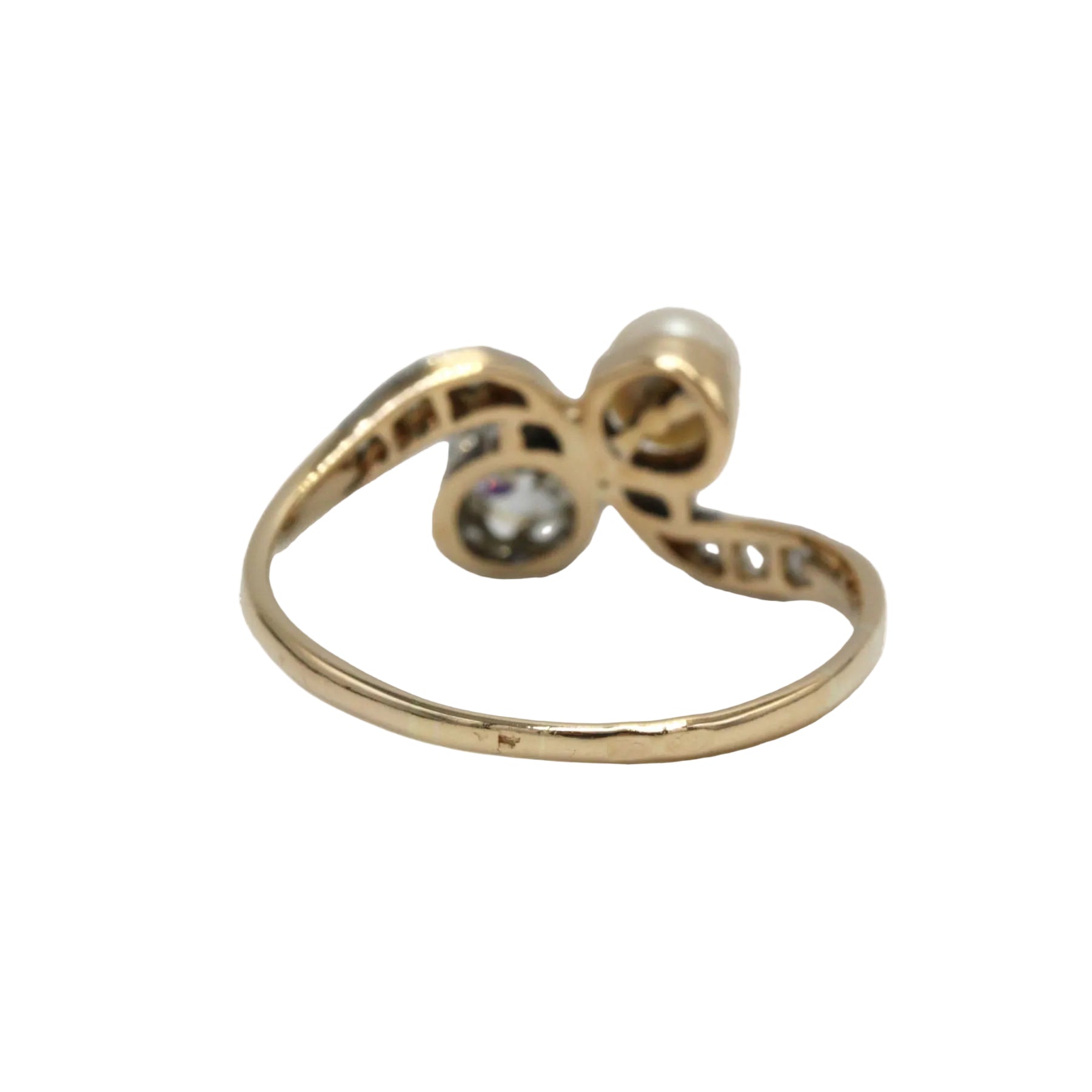 Bague Toi & Moi en or jaune, platine, perle et diamants