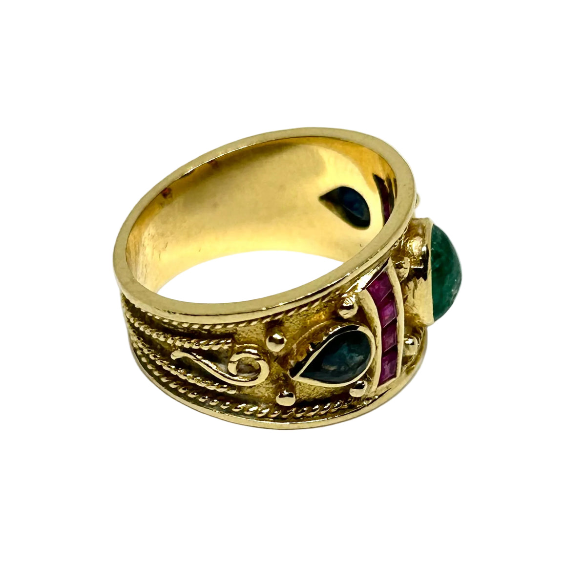 Tank Ring in yellow gold, Emerald, Ruby, and Sapphires