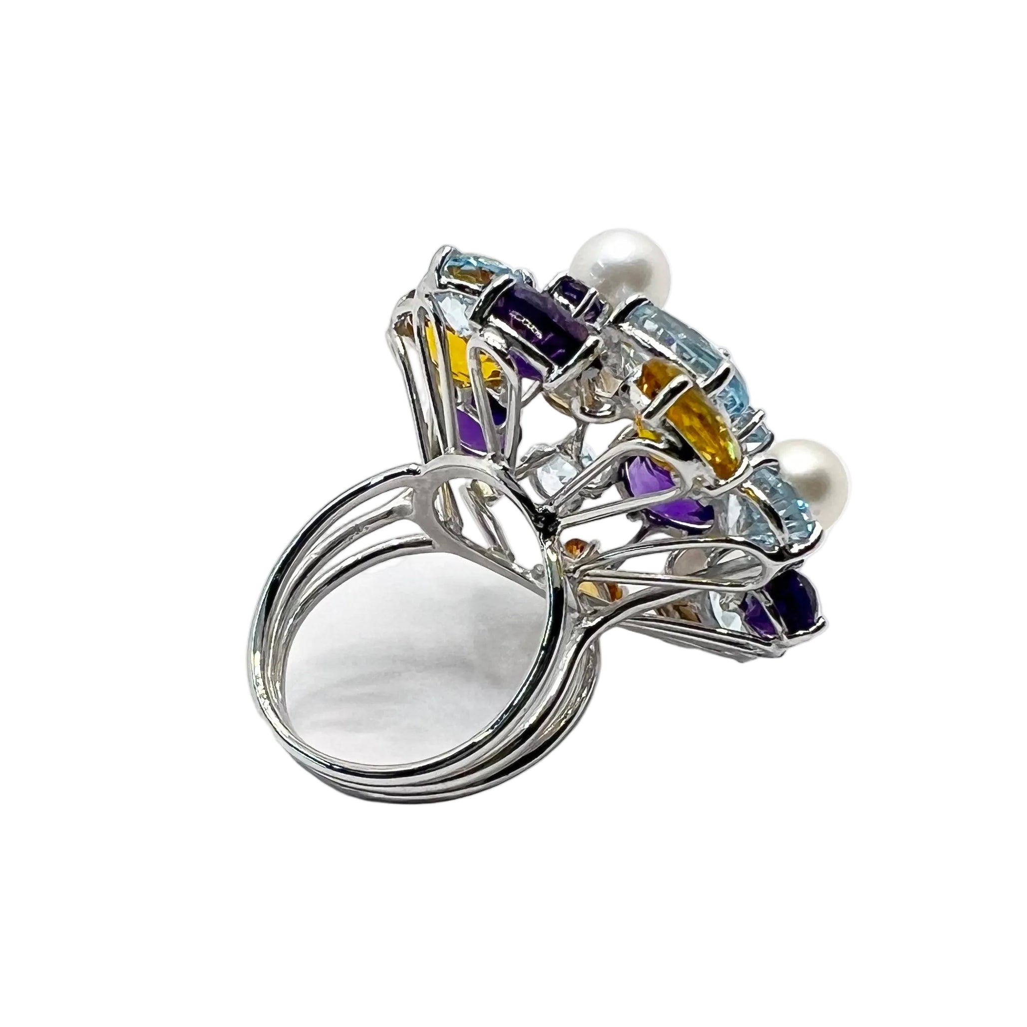 LUCIANO SOMENZI "Cocktail" Ring in white gold, with Amethyst, Quartz, Topaz, and Pearls