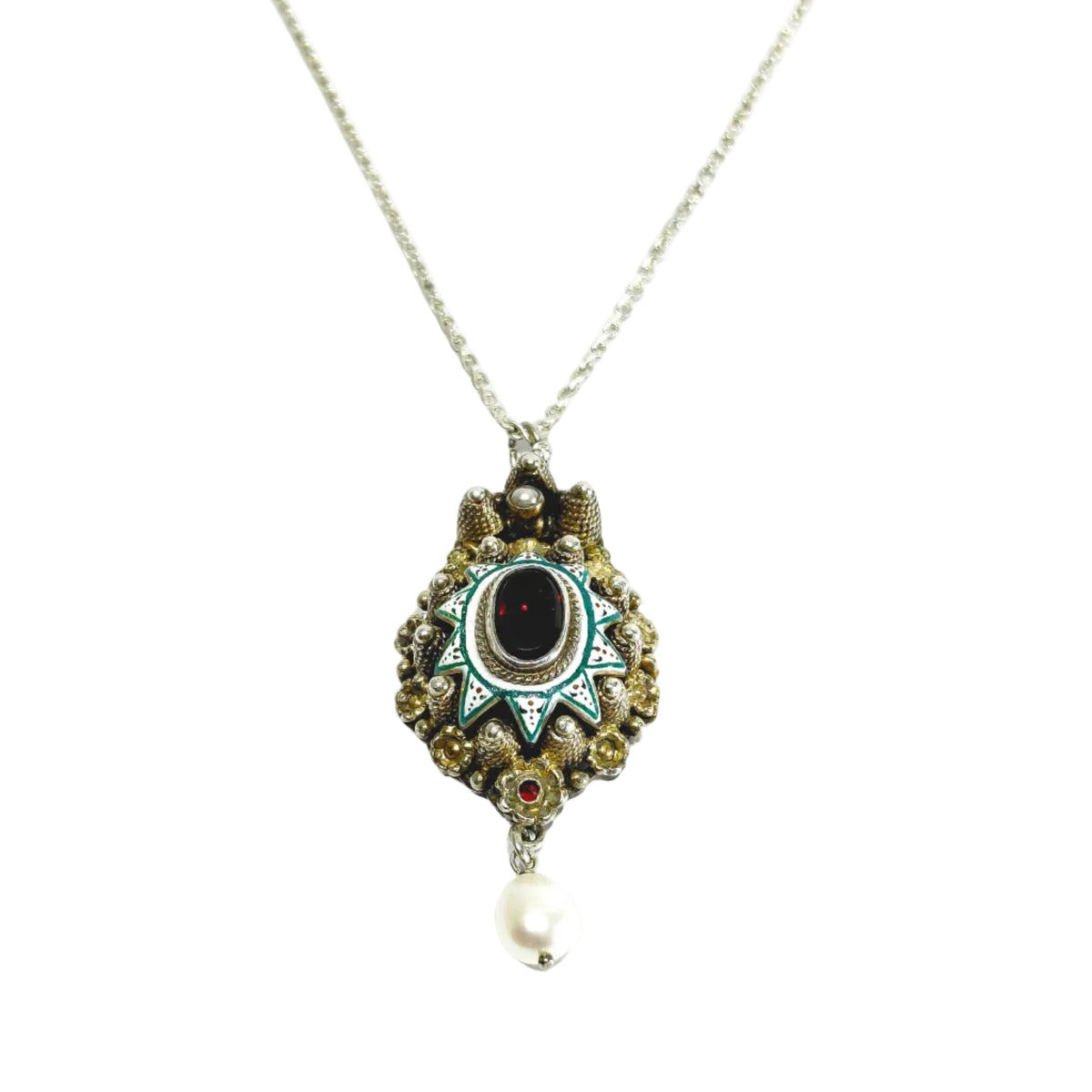 Necklace with a pendant made of silver, Vermeil, Enamel, Garnet, and Pearl