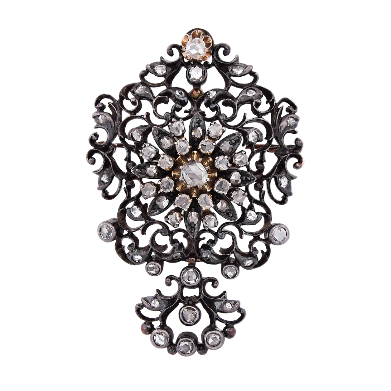 Yellow Gold, Silver, and Diamond Brooch-Pendant