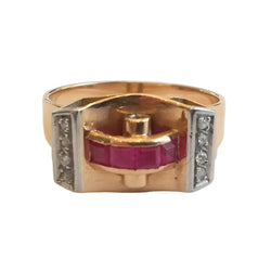 Tank Ring in rose gold, platinum, rubies, and diamonds