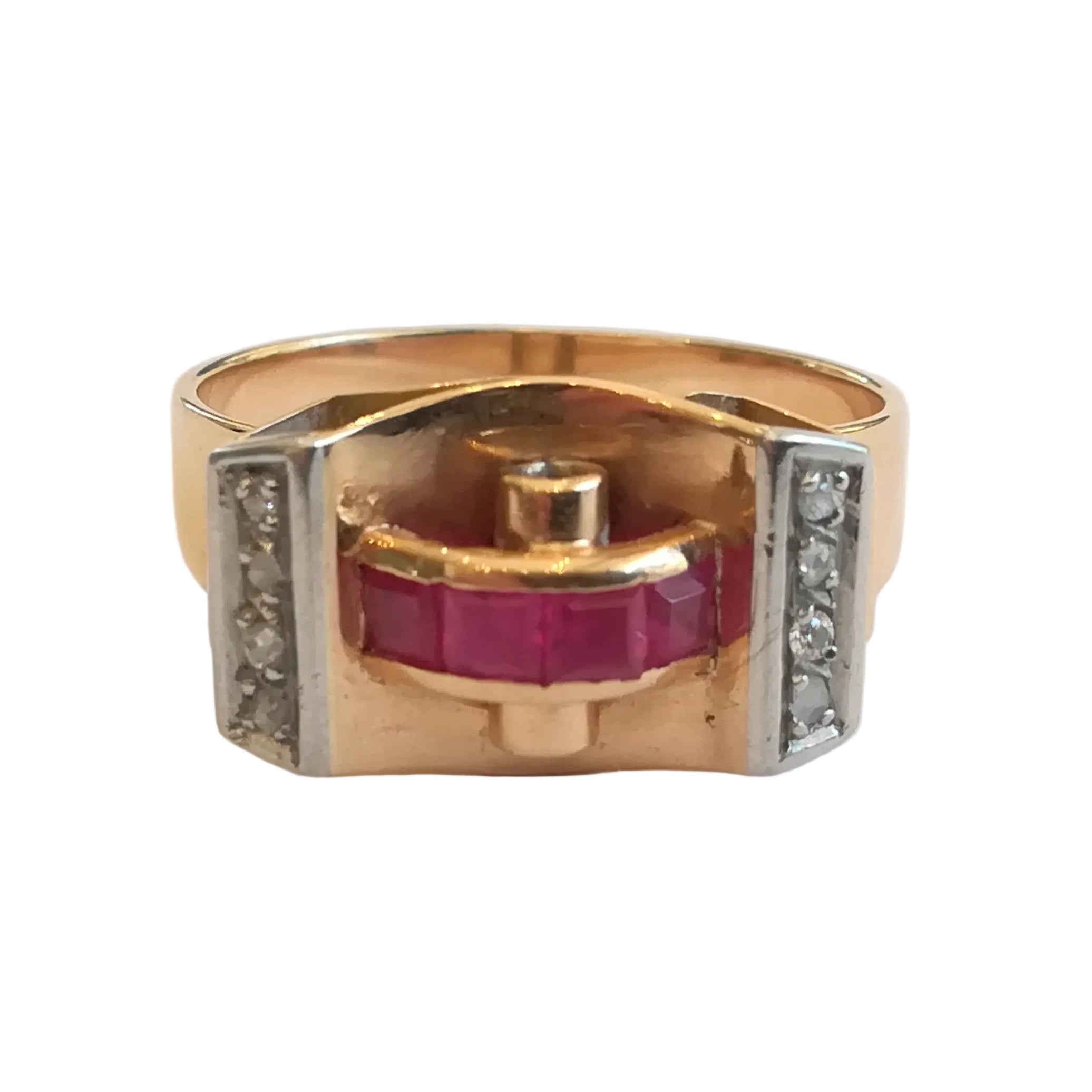Tank Ring in rose gold, platinum, rubies, and diamonds