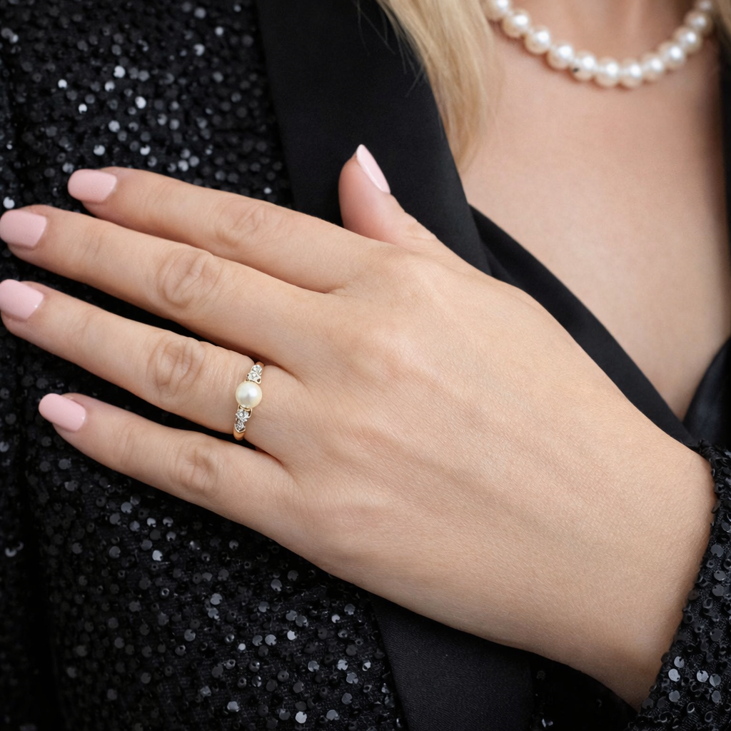 Bague Solitaire en or blanc, or jaune, perle et diamants