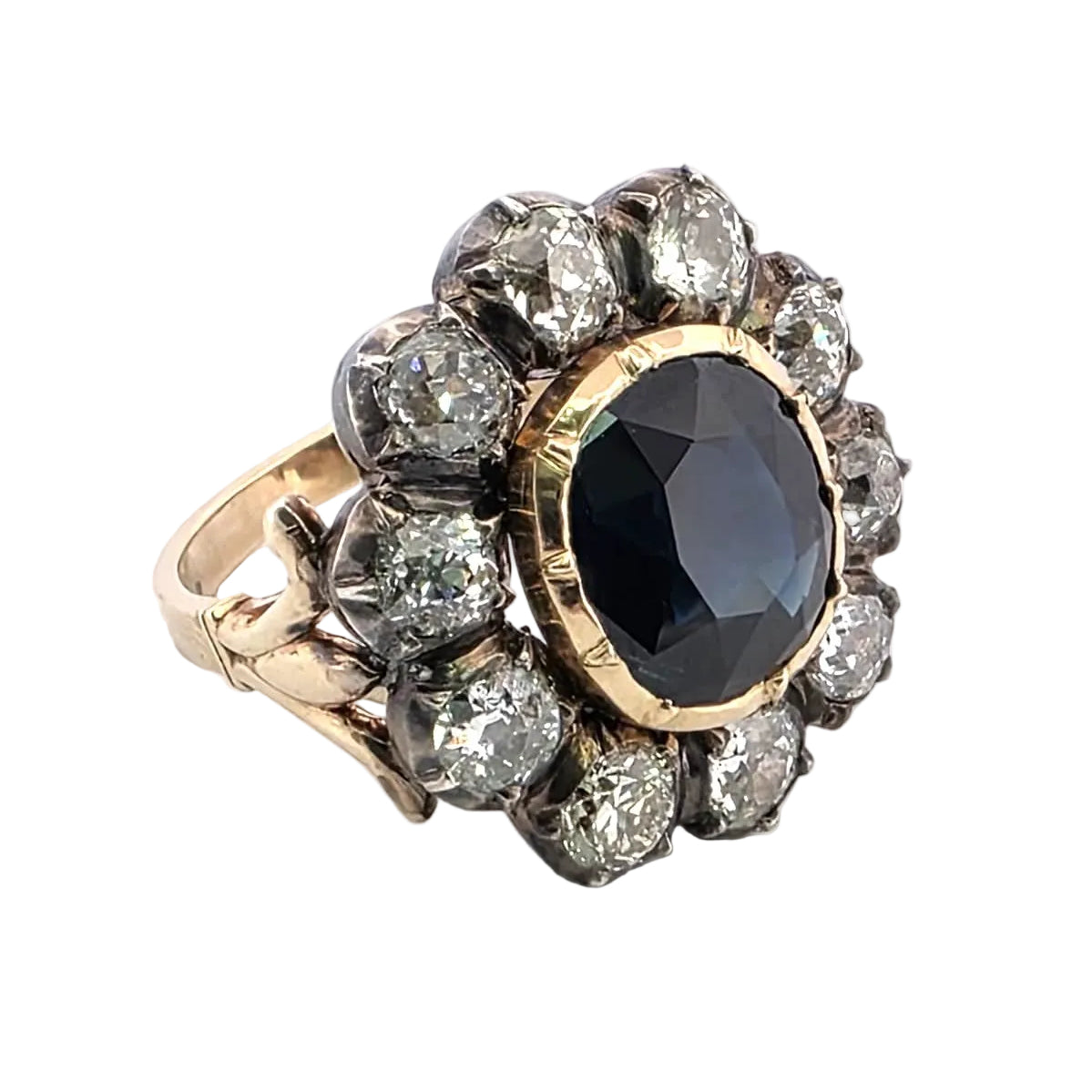 Marguerite Ring in yellow gold, silver, sapphire and diamonds