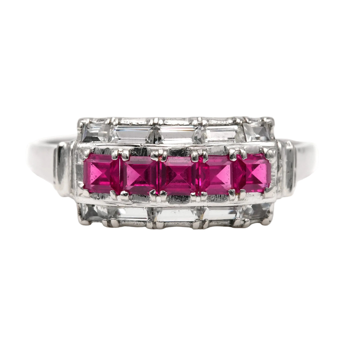 Tank Ring in white gold, rubies, and zirconia