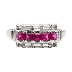 Tank Ring in white gold, rubies, and zirconia