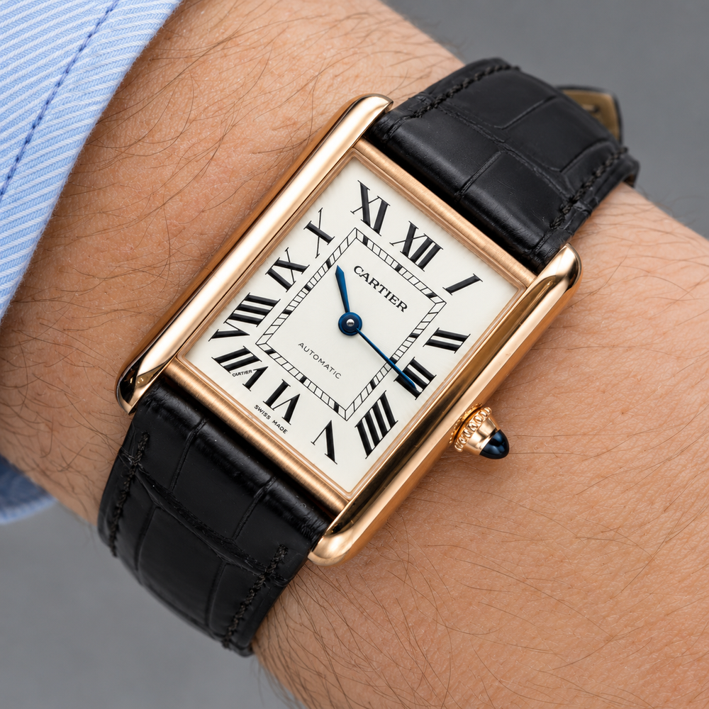 CARTIER "Tank Louis Cartier" GM Watch in Rose gold and Leather