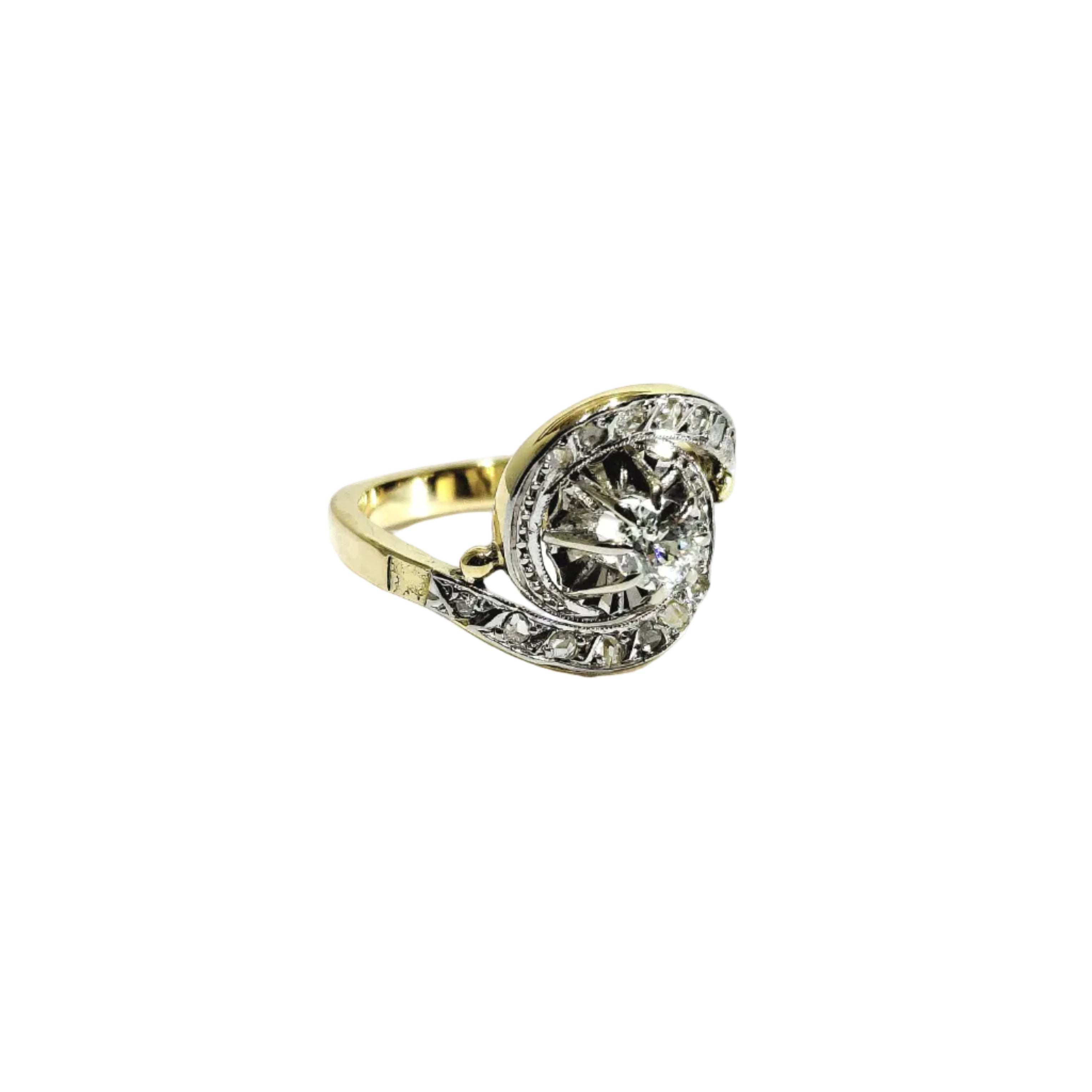 Tourbillon ring in yellow gold, white gold, and diamonds