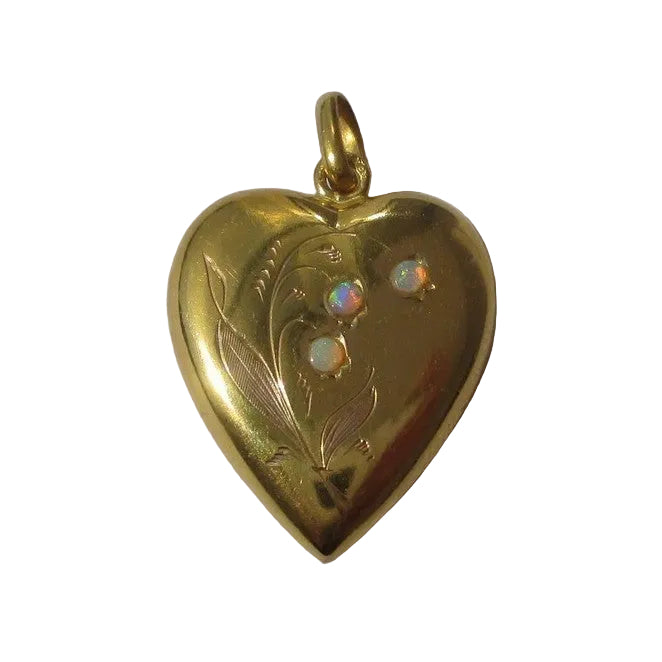Pendant Art Nouveau Heart Lily of the Valley Opals and Gold