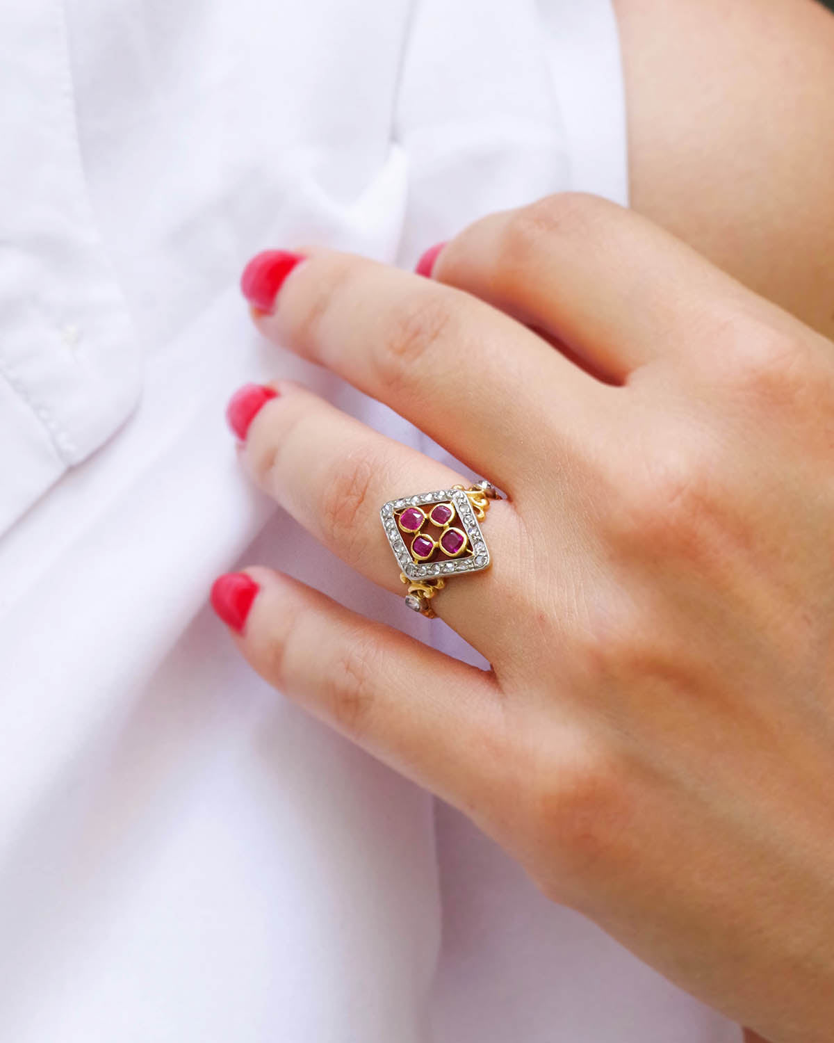 Marquise Ring in yellow gold, Platinum, Rubies, and Diamonds