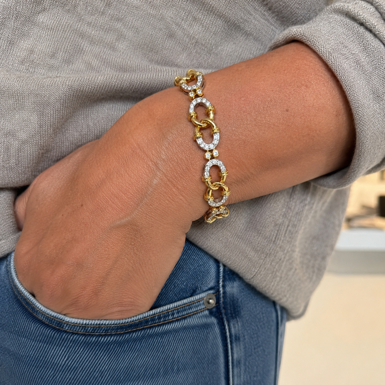 White Gold, Yellow Gold, and Diamond Link Bracelet