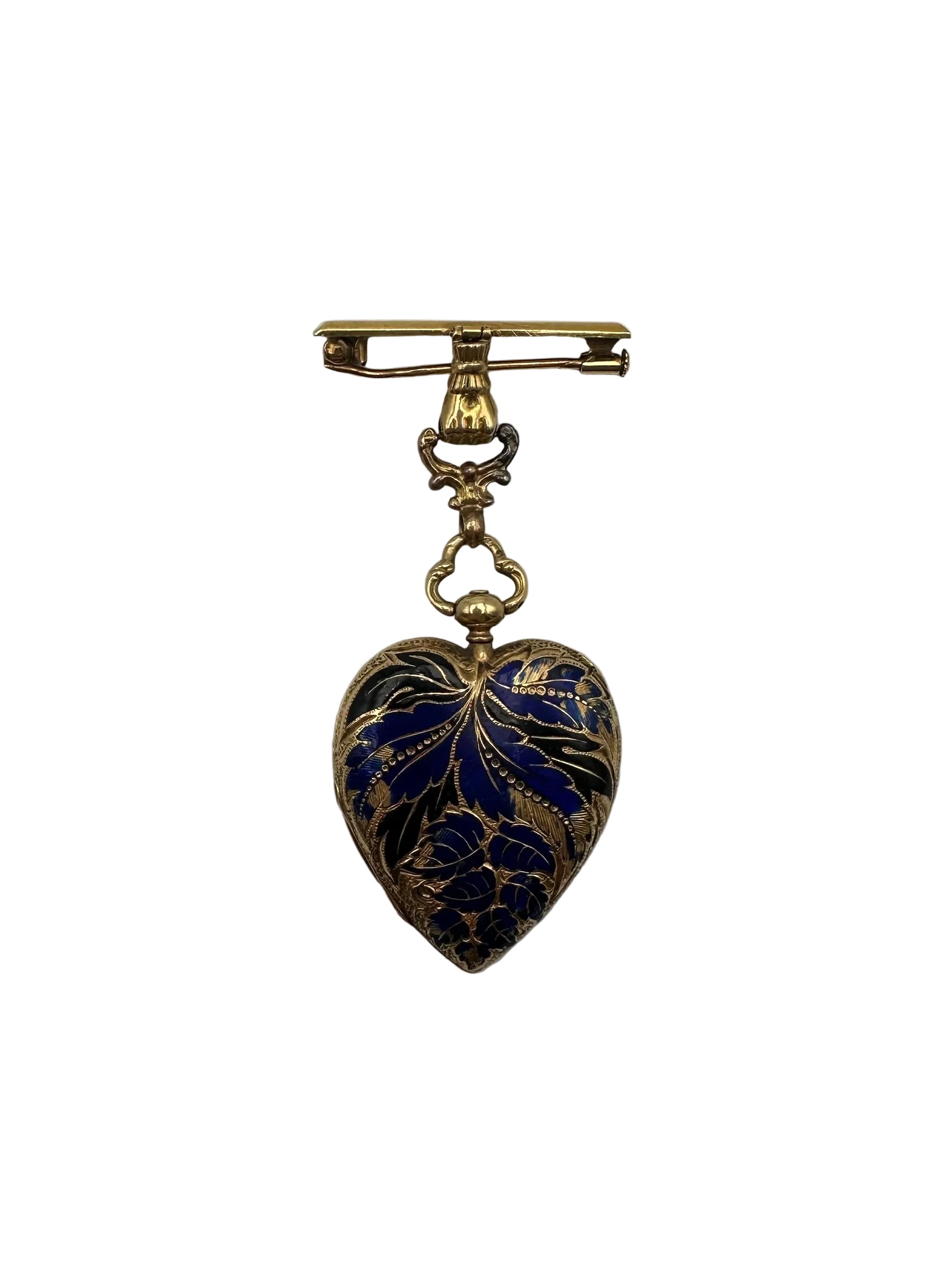 Heart Locket Brooch in Yellow Gold, Enamel and Diamonds