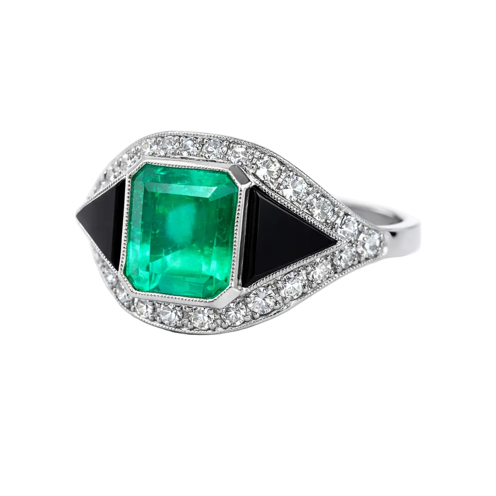Ring Cocktail in paltinium, onyx, emerald and diamonds