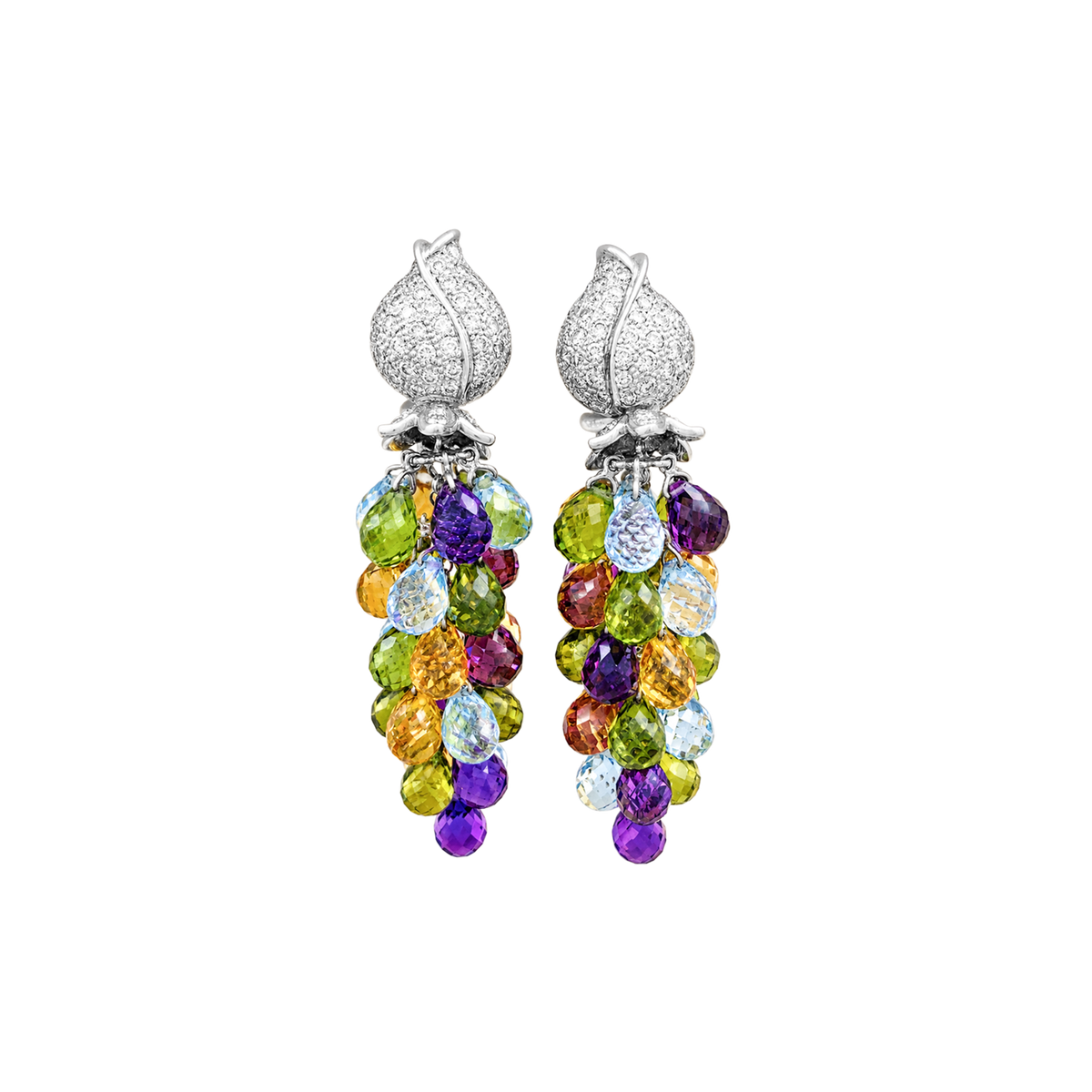 Boucles d'oreilles Pendantes en or blanc, améthystes, citrines, topazes, péridots et diamants