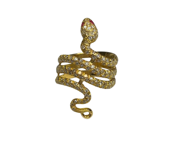 18K Gold Snake Ring with Diamonds (Size 55)
