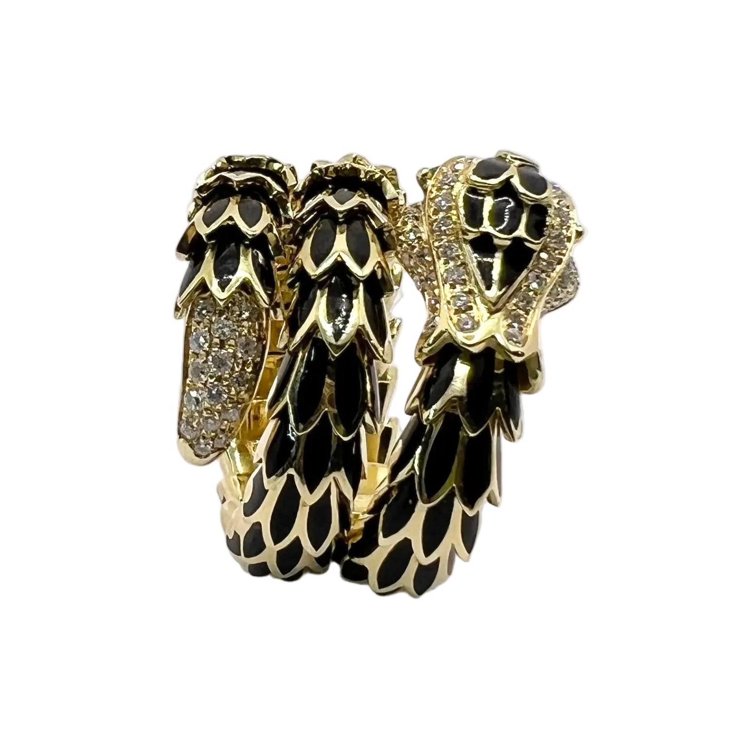 Ring in yellow gold, Enamel, emeralds, and Diamonds