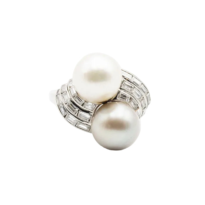 Bague Toi & Moi en platine, perles et diamants