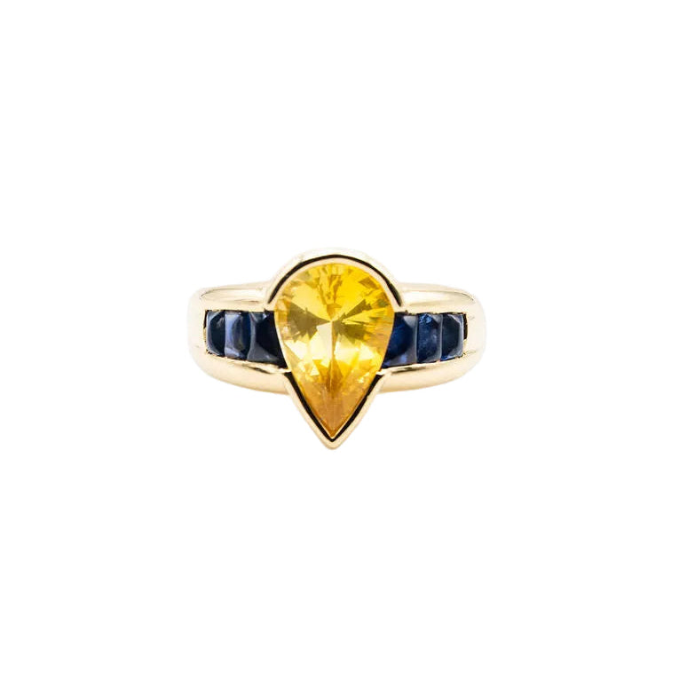 Ring wedding band in yellow gold, yellow and blue sapphires