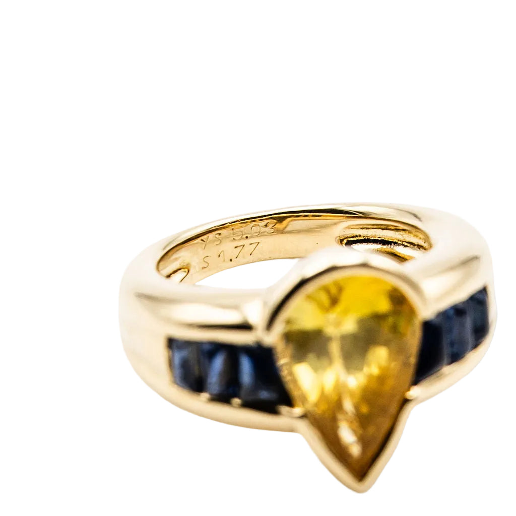 Ring wedding band in yellow gold, yellow and blue sapphires
