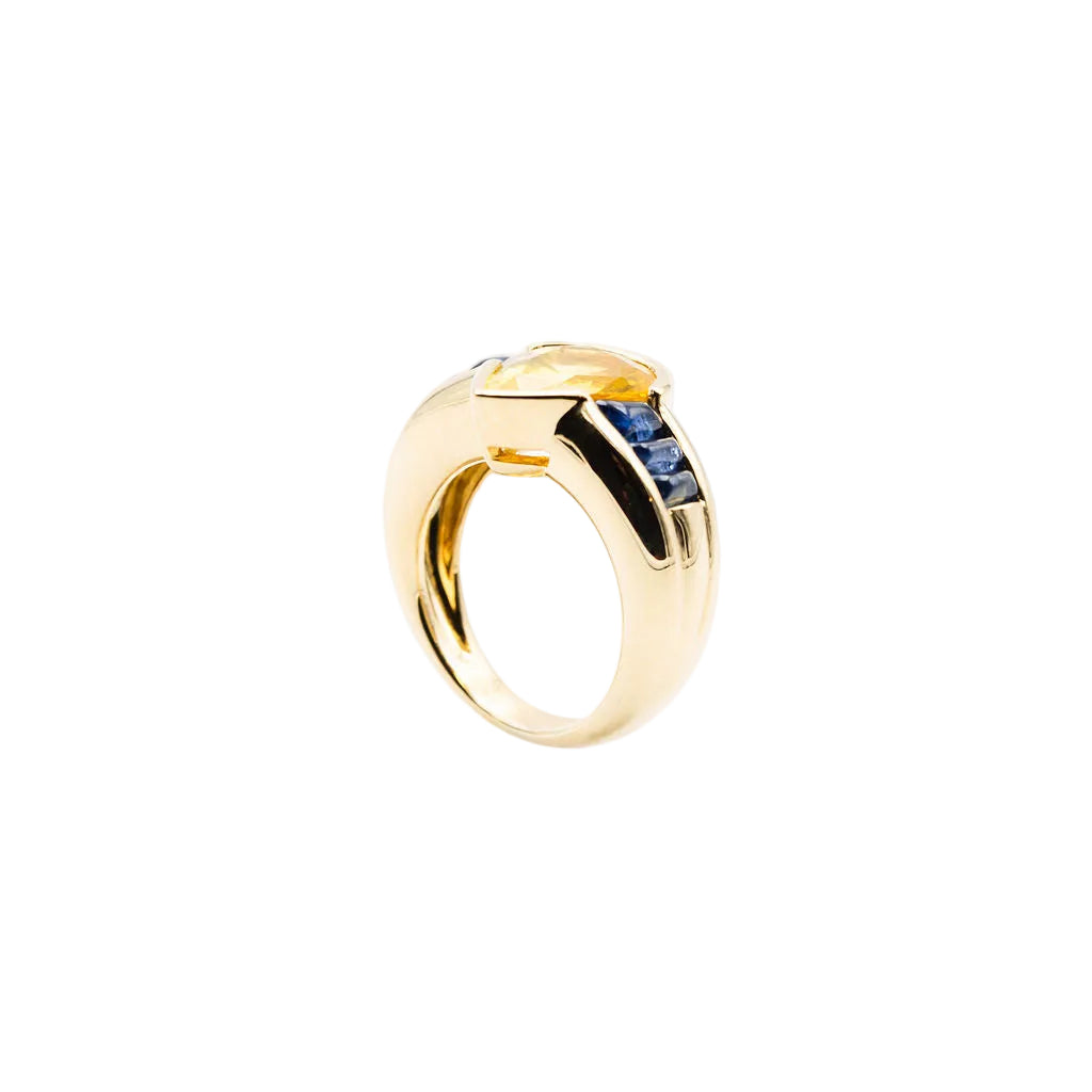 Ring wedding band in yellow gold, yellow and blue sapphires