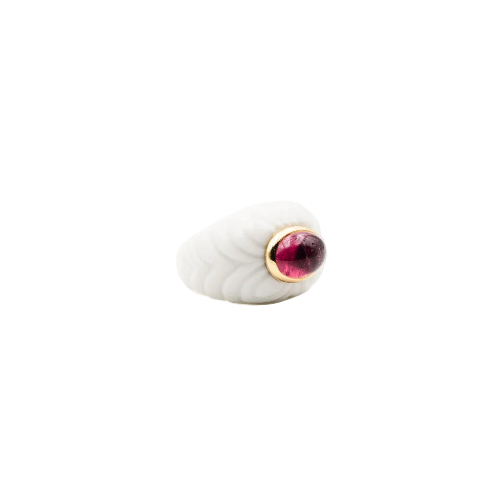 Ring BVLGARI "Chandra" in ceramic white, yellow gold and pink tourmaline