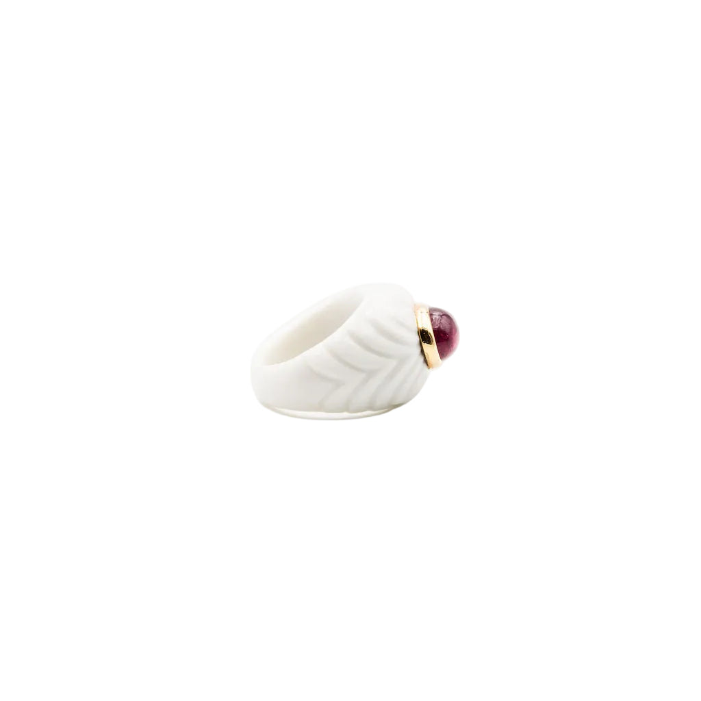 Ring BVLGARI "Chandra" in ceramic white, yellow gold and pink tourmaline