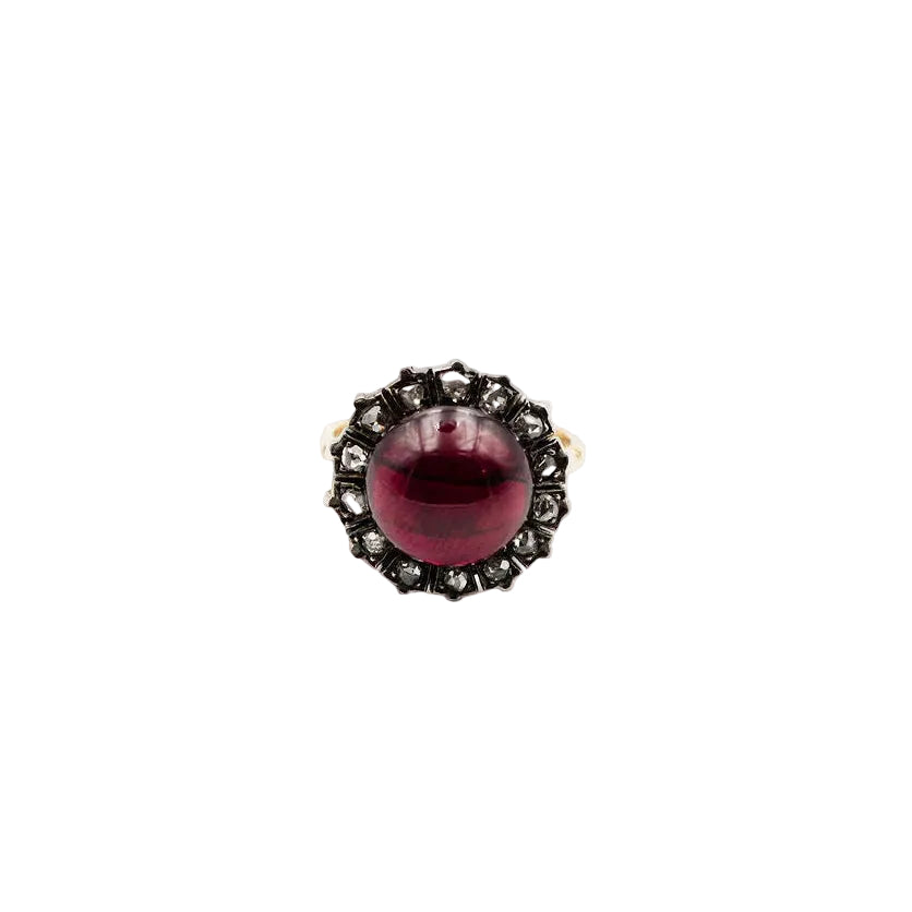 Ring daisy in yellow gold, silver, garnet and diamonds