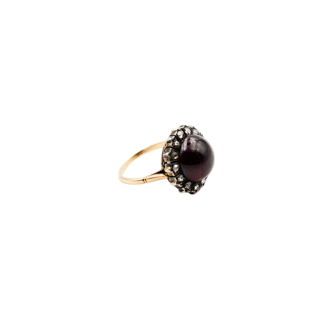 Ring daisy in yellow gold, silver, garnet and diamonds