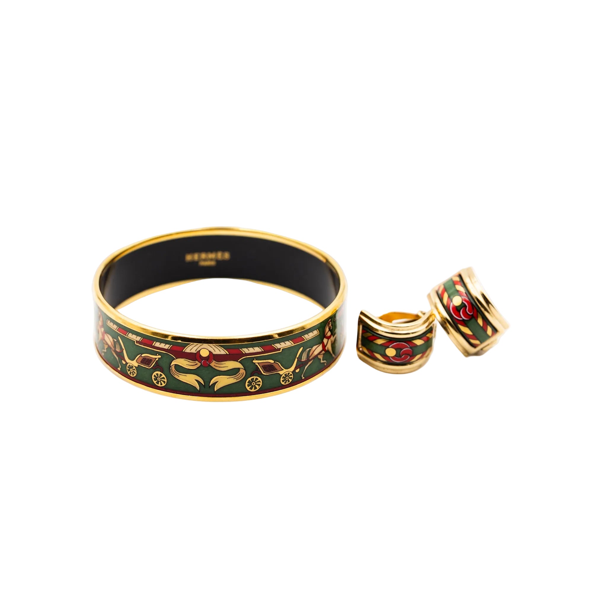Bracelet and HERMÈS ear clips in gilded metal and enamel