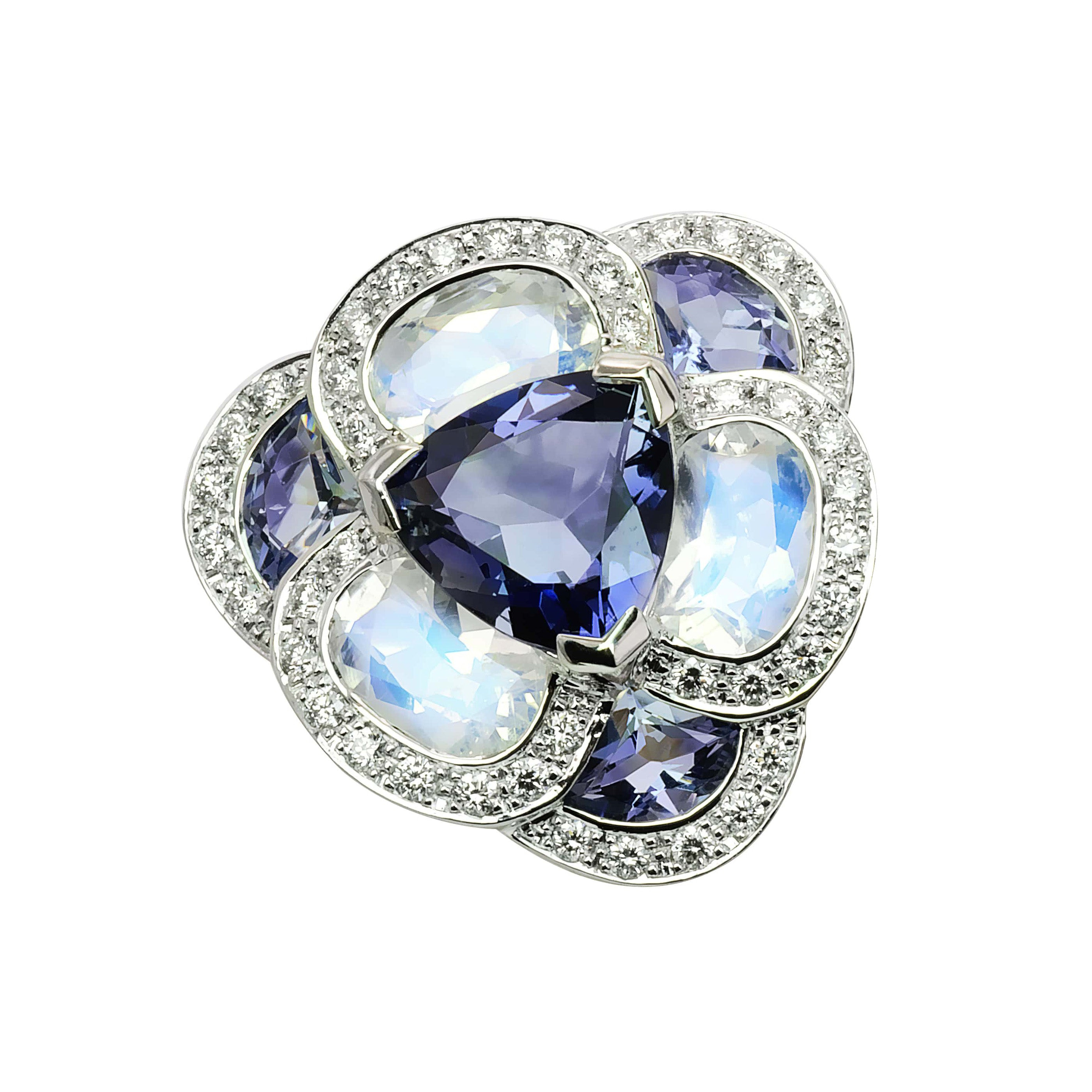 ISABELLE LANGLOIS "Flora Pensée" Entourage Ring in white gold, moonstones, iolites, and diamonds