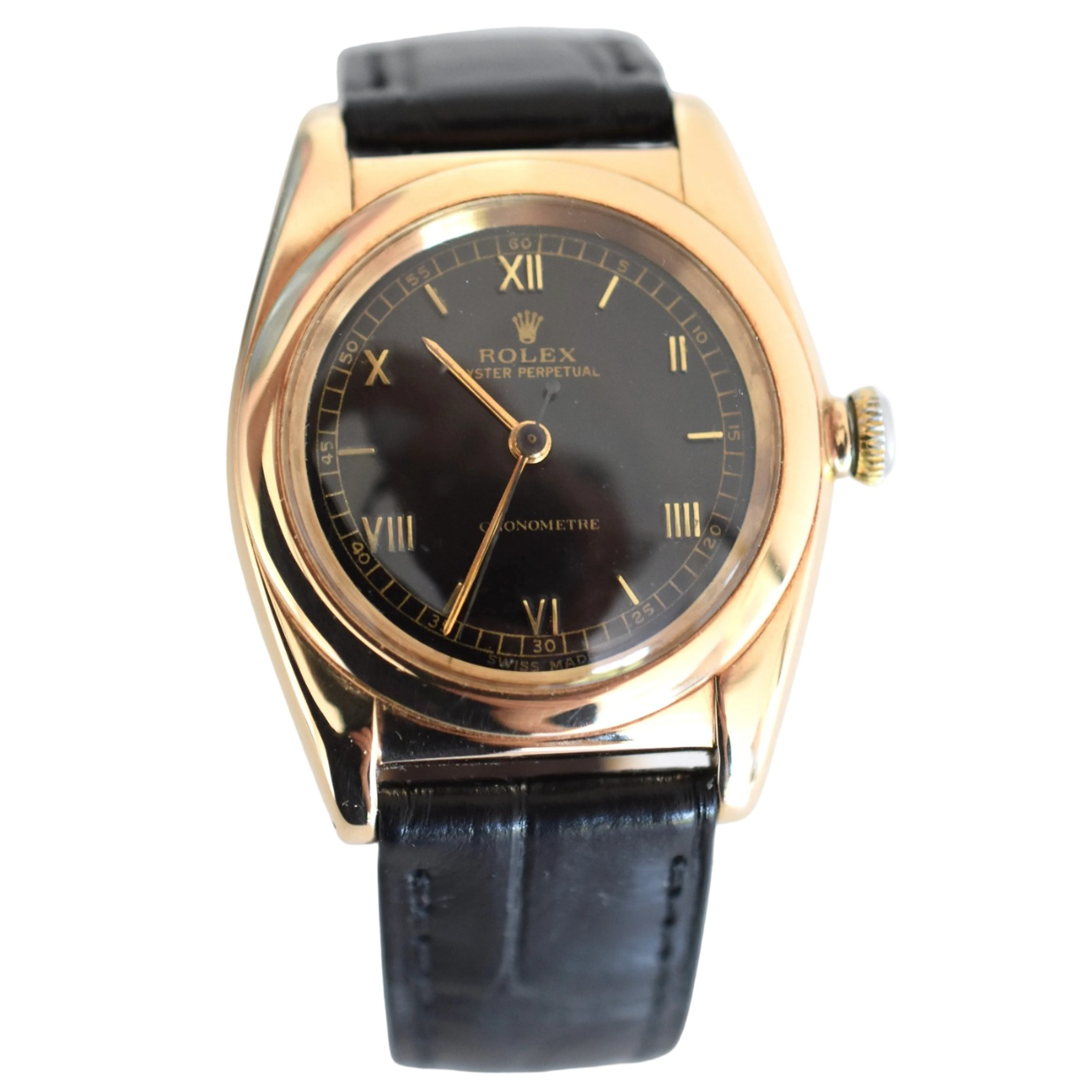 ROLEX "Oyster Perpetual Bubbleback Ovetto" watch in yellow gold and leather